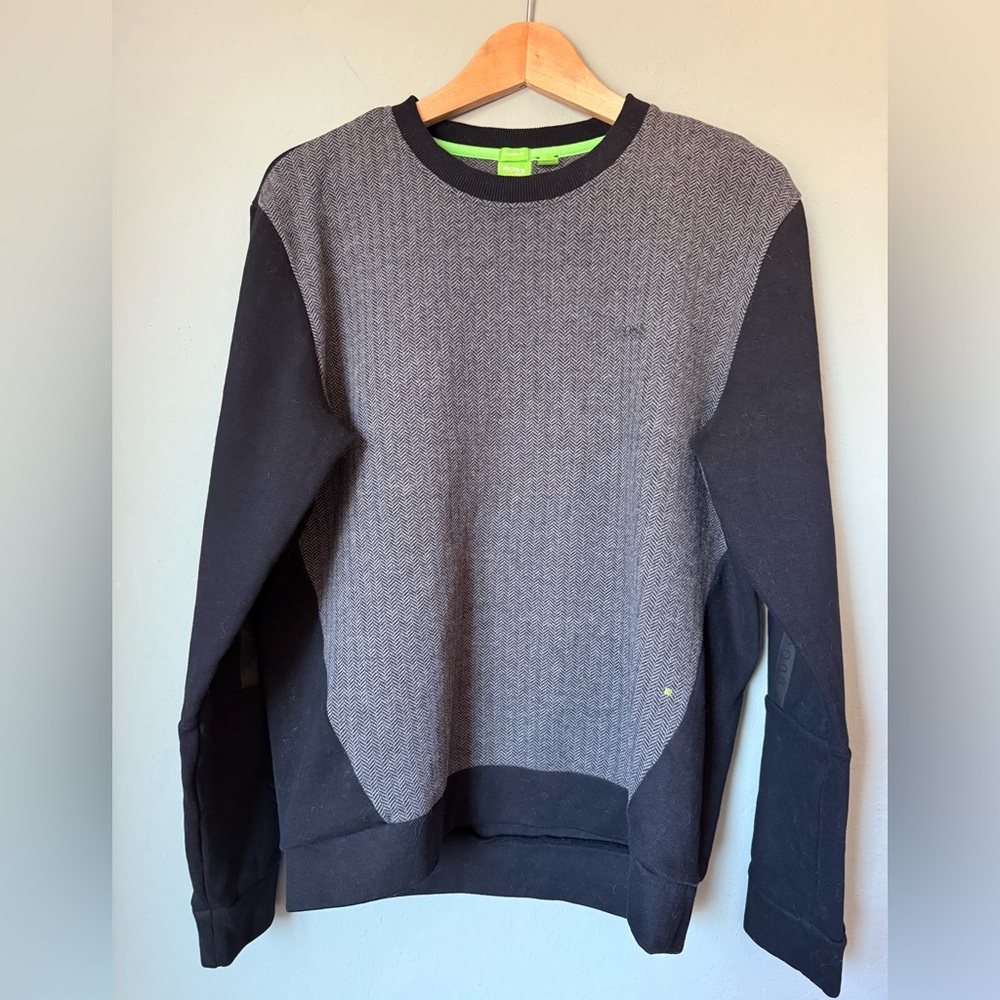 Hugo Bose Crew Neck sweater sweater, gray herringbone with spell out long sleeve